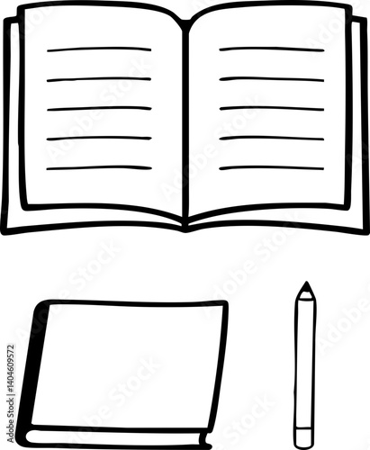 Open book illustration with a pencil and notebook below.