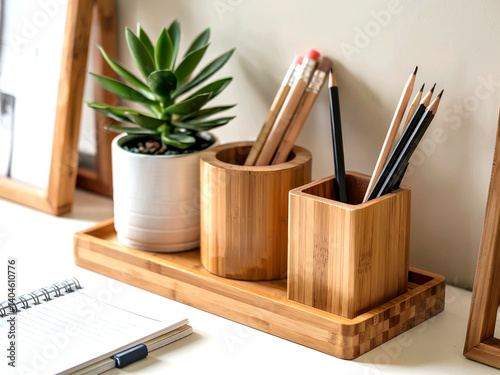 Bamboo Desk Organizer Set with Plant Pot and Pencil Holders