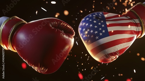 Boxing gloves with us and canada flags colliding, representing trade war. created by ai
