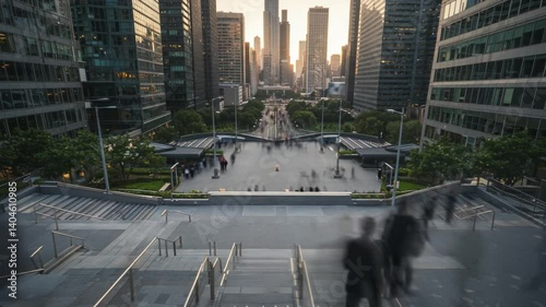Crowd Dispersing From Busy City Center at Sunset