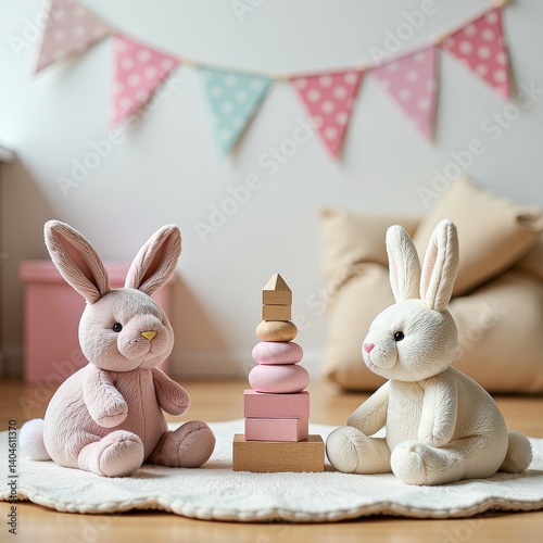 Cozy Easter Scene: Two Plush Bunnies Next to Wooden Blocks on a White Rug. Two plush rabbits sit next to a stack of wooden blocks. photo