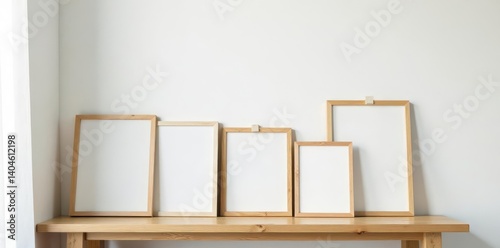 Wooden rack with several empty picture frames against a white wall, arrangement, living room