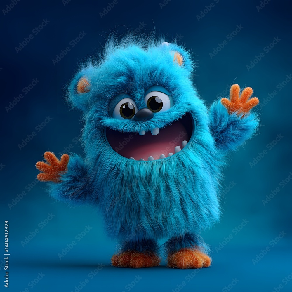 Obraz premium Happy Blue Fuzzy Monster Cartoon Character Illustration Cute Friendly 3D Render Digital Art Adorable Smiling Wave Fun Playful Soft Furry Whimsical 