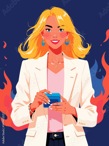 An absolutely perfect blonde woman, holding a baby blue credit card machine, she is wearing an off white blazer and is smiling with the machine in her hand 