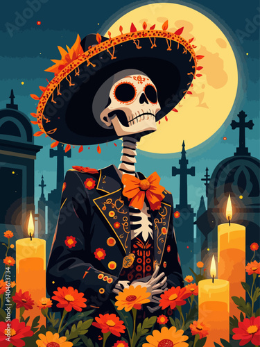 fill body skeleton wearing a mariachi outfit, including a hat