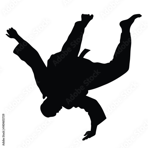 Silhouette of Judo Practitioner in MidAir Throw with Transparent Background
