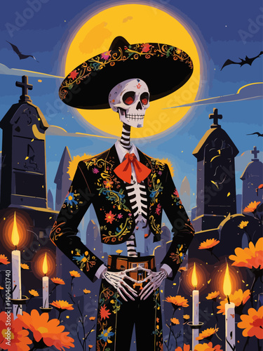 fill body skeleton wearing a mariachi outfit, including a hat