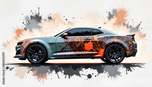 Sport car with artistic paint splashes against a light background   