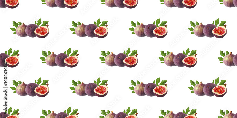 Obraz premium Fresh figs seamless pattern displaying whole and halved fruits with leaves on white background