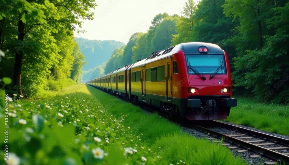 Naklejka premium Train gliding through vibrant green, tranquil scene , quiet, leaves, summer