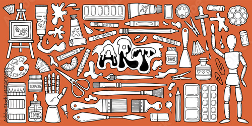 Art supplies set. Art education doodle line hand drawn elements - pencil, paints, brushes, oil pastel, easel, palette, crayons. Vector school supply illustration