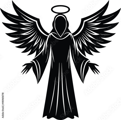 Angelic Figure With Halo And Wings Black And White Vector Illustration