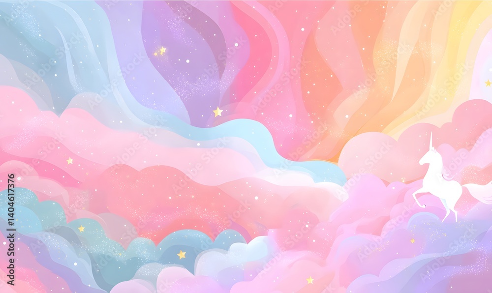 Pastel Rainbow Cloudscape with Magical Unicorn Stars Dreamy Fantasy Background Illustration Art Design sky pink blue soft cute Pastel Rainbow Cloudscape with Magical Unicorn Stars Dreamy Fantasy Background Illustration Art Design sky pink blue soft cute
