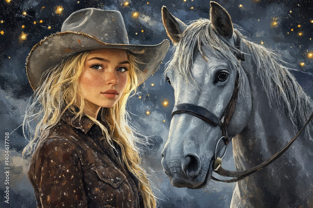 Obraz premium realistic style, sad blonde in a cowboy hat with a gray horse under a starry sky canvas