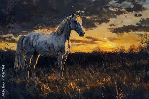 after a busy day, a faithful friend, a horse, in the last rays of the setting sun, canvas