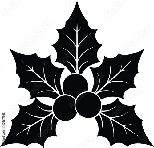 Elegant Holly Berry Vector Graphic Christmas Decoration In Black And White Silhouette