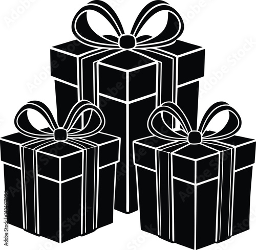 Black And White Vector Illustration Of Three Presents With Bows