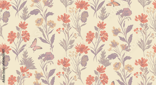 Wallpaper Mural Floral Garden Pattern: A captivating pattern of diverse flowers and whimsical butterflies in a timeless display of spring. A classic repeating design for endless applications. Torontodigital.ca