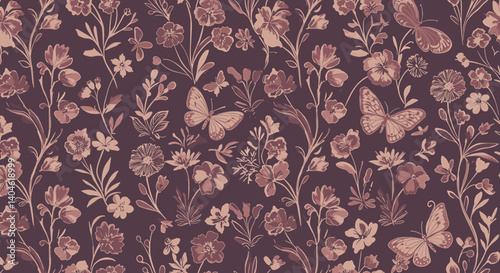Floral Elegance: A captivating floral pattern. Delicately illustrated flowers and butterflies in intricate detail, offering a sense of delicate nature and refined elegance.