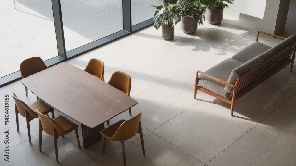 Fototapeta premium Sophisticated interior space featuring modern dining and seating areas in natural light