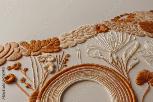 Embroidery art depicts floral elements and a rainbow design