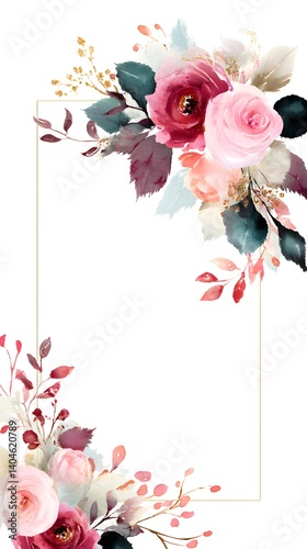 Elegant Watercolor Floral Frame Pink Roses Burgundy Flowers Gold Botanical Illustration Romantic Wedding Invitation Design Template Pretty Feminine   