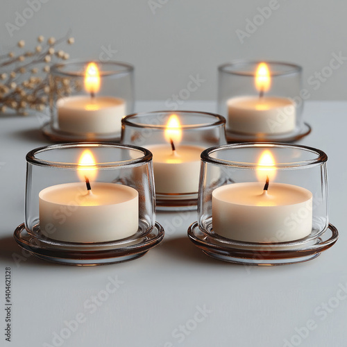 Elegant tealight candles in glass holders create warm and inviting atmosphere. soft glow of flames enhances serene ambiance, perfect for relaxation or special occasions