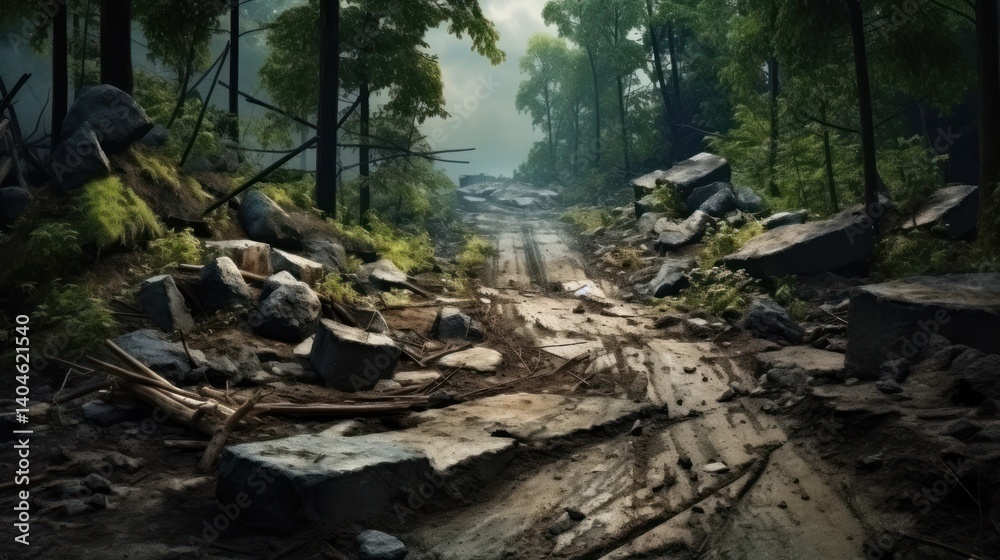 The road conditions were bad in the middle of a muddy and rocky forest. AI generated image The road conditions were bad in the middle of a muddy and rocky forest. AI generated image
