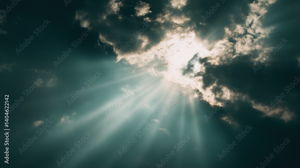 Obraz premium In the sky, light shines from behind dark clouds and sunlight shines into an open area, symbolizing hope and new beginnings, focusing on the details and lighting effects of nature.