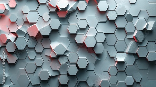 Dynamic hexagonal network with red and blue nodal points interconnected by thin gray lines, contemporary tech-themed abstract pattern on subtle white gradient background for digital branding and syste