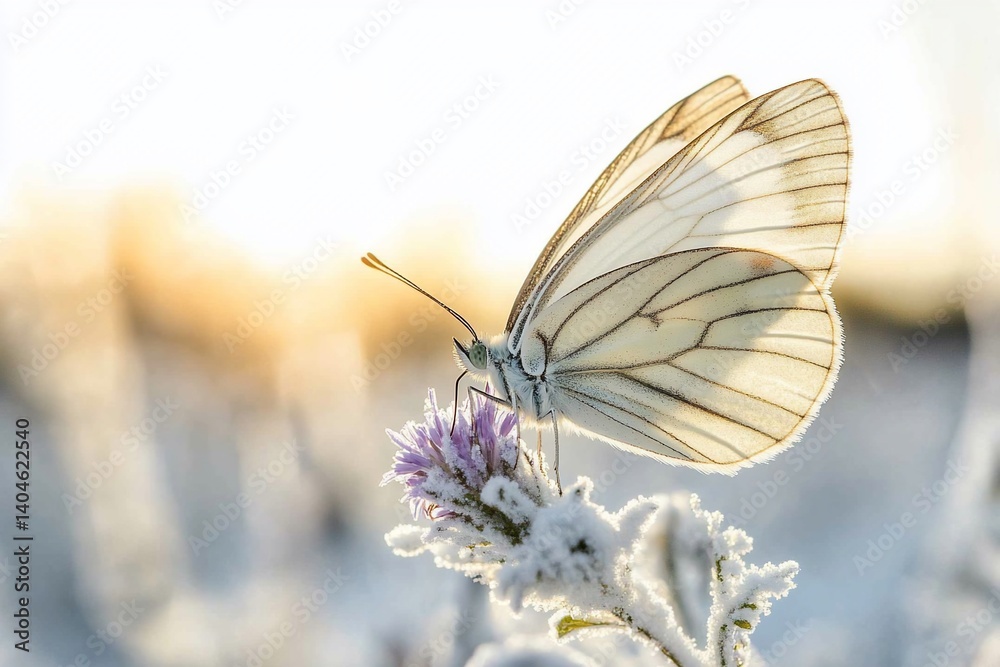 Naklejka premium White butterfly on frost-covered flower
