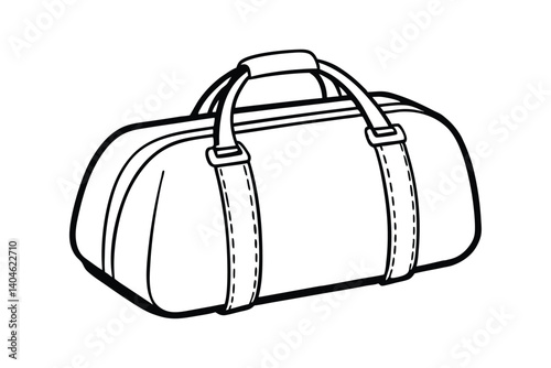 A black and white line art drawing of a vintage duffel bag with shoulder strap.eps
