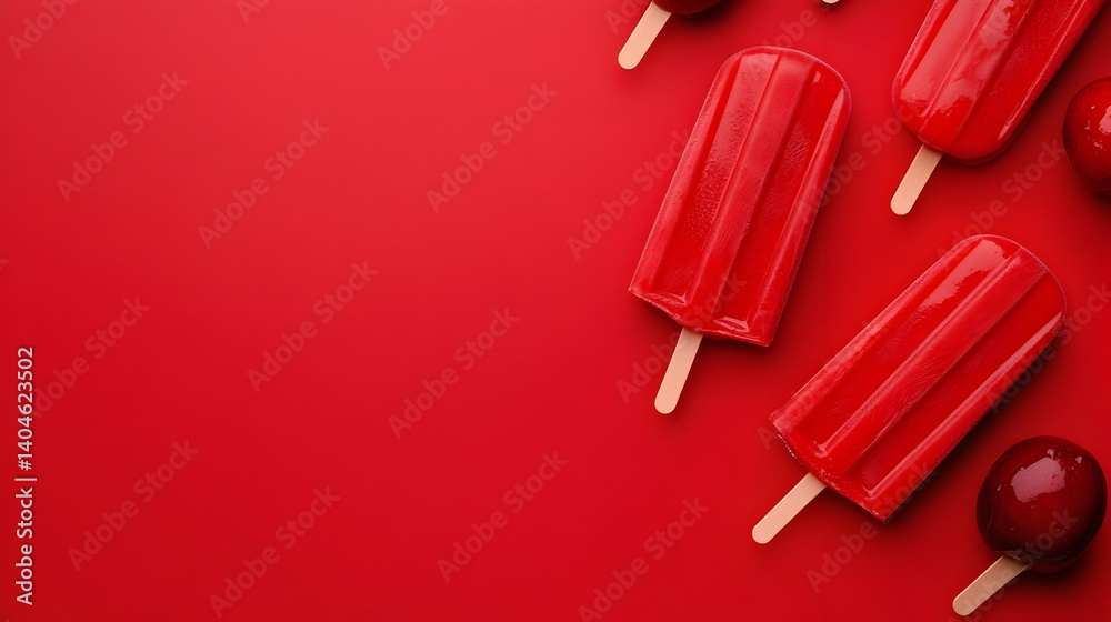 Naklejka premium Minimalist red popsicles on a vibrant crimson background perfect for summer treats