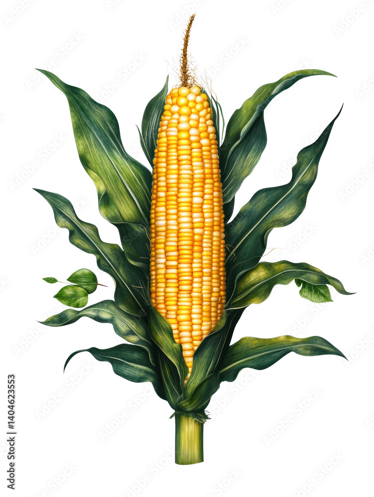 Obraz premium Detailed illustration of fresh corn on the cob surrounded by lush green leaves isolated on black background