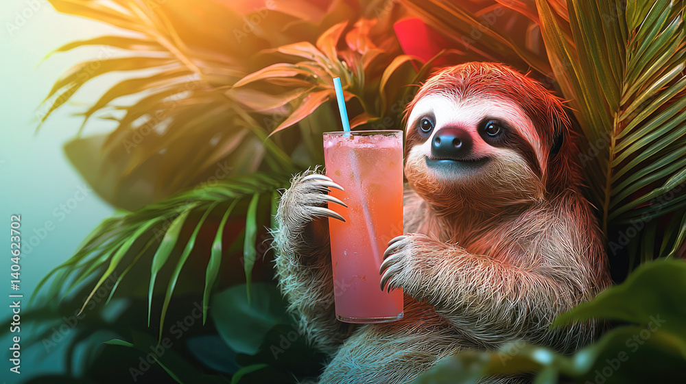 Fototapeta premium sloth holding colorful drink, surrounded by lush green foliage, exudes relaxed and cheerful vibe. This charming scene captures essence of leisure and enjoyment in tropical setting