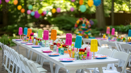 Colorful popsicle themed party set up outdoors with balloons and decorations
