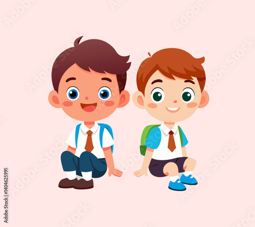 happy children vector illustration, Cute school children in uniform sitting cheerfully with bright expressions. Ideal for back-to-school visuals and learning materials