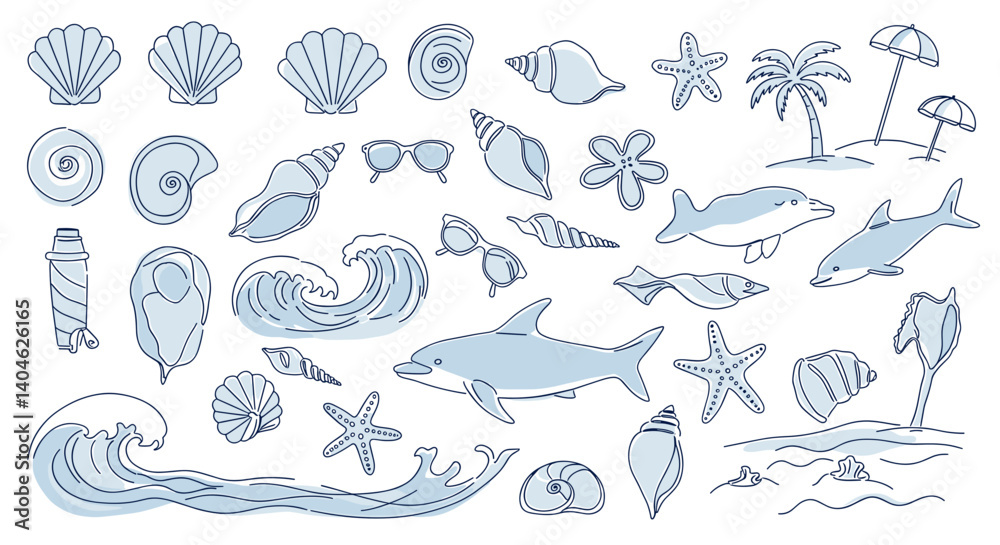 Obraz premium Coastal Collection: A delightful array of hand-drawn elements, including seashells, starfish, dolphins, and waves, brings the serenity of the coast to life in a whimsical illustration.