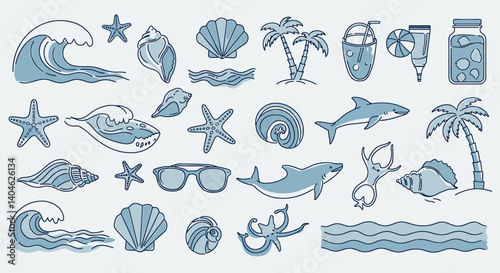 Seashells and Seaside Delight: A collection of beach-themed illustrations of sea elements capturing the essence of summer, from crashing waves and seashells to palm trees, shark.
