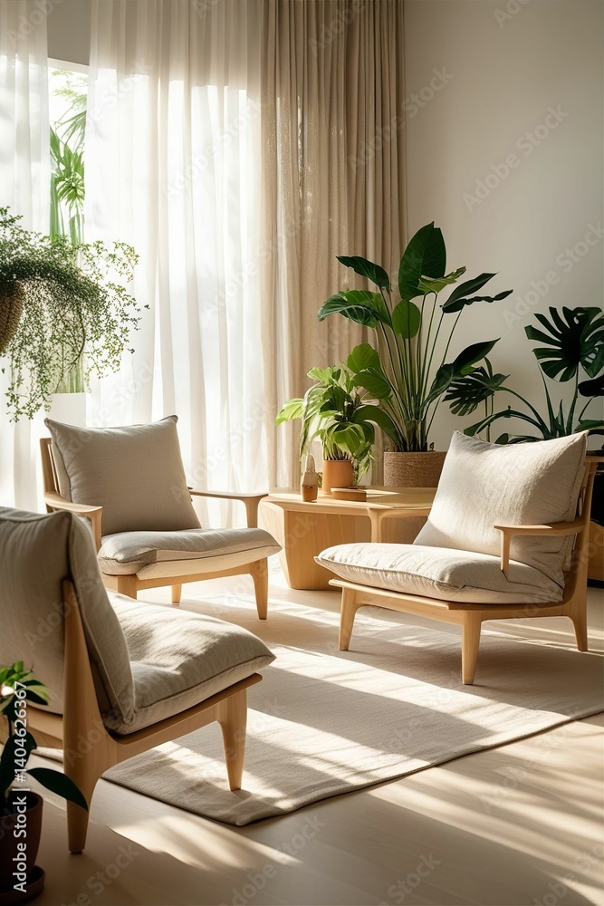 The image shows a cozy living room with wooden furniture, including two armchairs and a coffee table, all adorned with light-colored cushions. The image shows a cozy living room with wooden furniture, including two armchairs and a coffee table, all adorned with light-colored cushions.