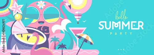 Hello Summer flat poster or banner with mermaid, cocktails, flamingo, tropic fruits and rainbow. Vector illustration