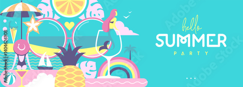 Wallpaper Mural Hello Summer flat poster or banner with mermaid, cocktails, sunglasses, tropic fruits and rainbow. Vector illustration Torontodigital.ca