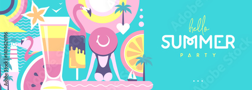 Hello Summer flat poster or banner with lighthouse, cocktail, flamingo, tropic fruits and rainbow. Vector illustration