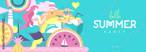 Hello Summer flat poster or banner with mermaid, cocktails, dolphin, tropic fruits and rainbow. Vector illustration