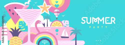 Hello Summer flat poster or banner with mermaid, cocktail, flamingo, tropic fruits and rainbow. Vector illustration