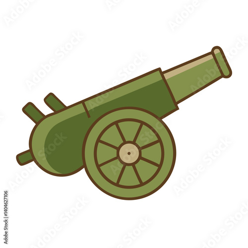 Artillery cannon illustration in green color with detailed wheels and pipes