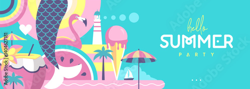 Hello Summer flat poster or banner with mermaid, cocktail, watermelon, flamingo and rainbow. Vector illustration