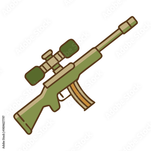 Sniper rifle illustration with green accents and detailed scope, targeting precision and tactical design
