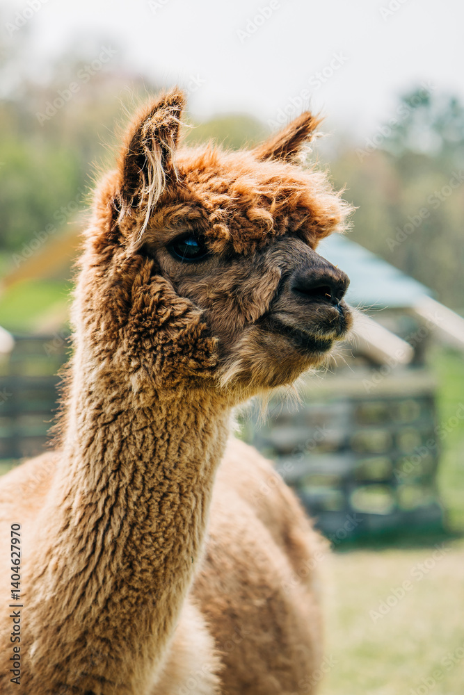 Obraz premium Close-up of a fluffy brown alpaca outdoors on a sunny day