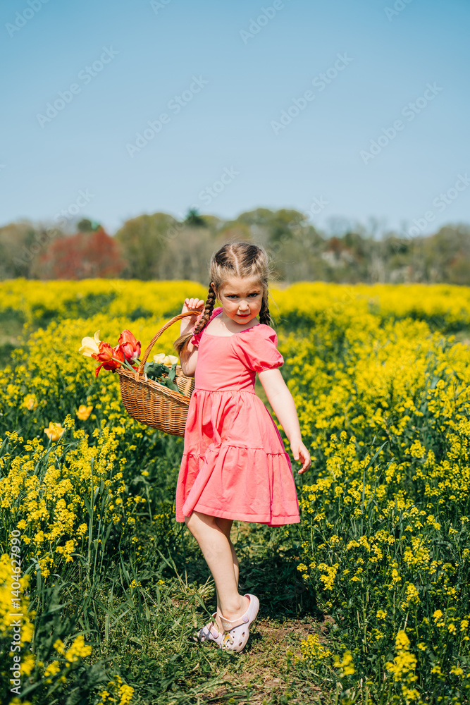 Girl in pink dress holding basket of tulips in yellow flower field Girl in pink dress holding basket of tulips in yellow flower field